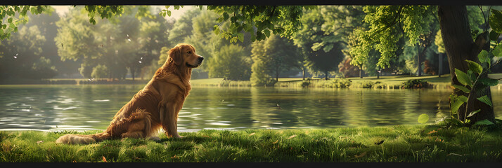 Golden Retriever Enjoying a Serene Park Day by the Lake in Lush Greenery Under the Sun