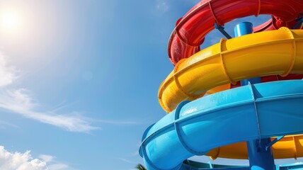 water slides under a clear blue sky, capturing the thrill and excitement of summer fun at a water park.