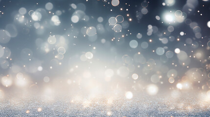 silver holiday background with Christmas transparent spots glare and shine glitter. New year design
