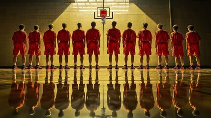 A group of basketball players stand in a line