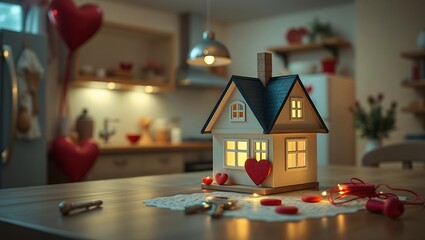 Key to tiny house of cozy home with Valentine decor on table of kitchen. Gift for valentines day, family love nest. design, project, moving to new house, mortgage, rent and purchase real estate 