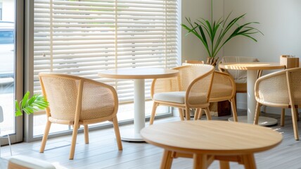 Fototapeta premium A cozy cafe interior featuring wooden furniture and natural light for a welcoming atmosphere.