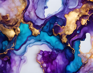 Alcohol ink abstract background. Blue, purple and gold liquid texture background
