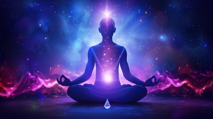 A figure meditating in cosmic light, embodying peace, spiritual energy, and the connection to the universe.