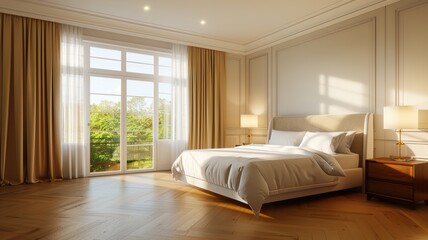 A bedroom with natural light streaming through large windows, highlighting elegant furnishings and soft decor.