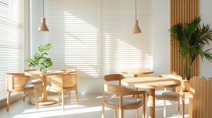 Fototapeta premium Bright and airy modern dining space featuring wooden furniture, plants, and natural light, perfect for cozy gatherings.