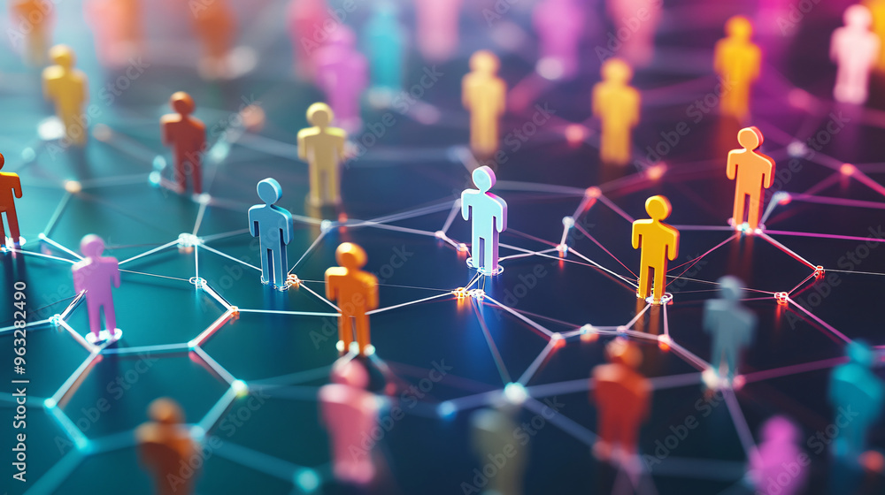 Poster visualizing the connections between people through colorful human figures standing on nodes of a soc