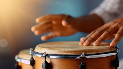 a person playing a conga drum, showcasing rhythmic hand movements and musical passion in a vibrant setting.