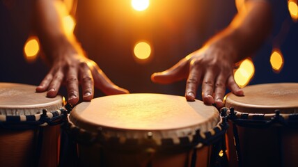 hands playing conga drums, surrounded by warm, golden bokeh lighting. Perfect for music and percussion themes.