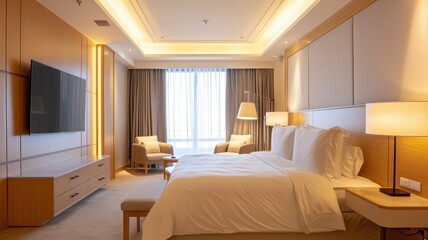 hotel room with modern furnishings, equipped with a large TV, cozy seating, and soft lighting for a relaxing ambiance.