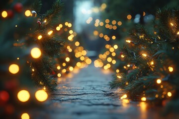 Naklejka premium A pathway adorned with glowing lights and greenery for a festive atmosphere.