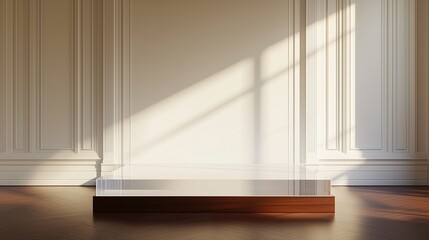 A serene, minimalist luxury room with smooth, off-white walls and a crystal-clear empty platform, complemented by a rich mahogany floor, creating a luxurious backdrop for products.