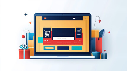 flat illustration of a laptop on the desk with online shopping webpage, decorated by gift boxes and plants and application icons