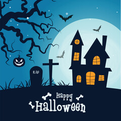 Halloween background with cemetery house flat design