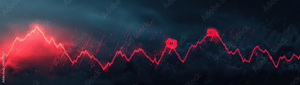 Poster dynamic graph illustration showcasing a fluctuating trend on a dark background with red accents and 