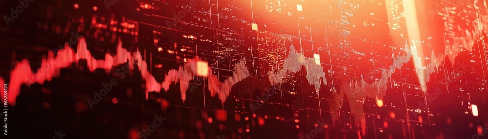 Poster dynamic stock market graph showcasing fluctuations in red tones and data visualization for financial