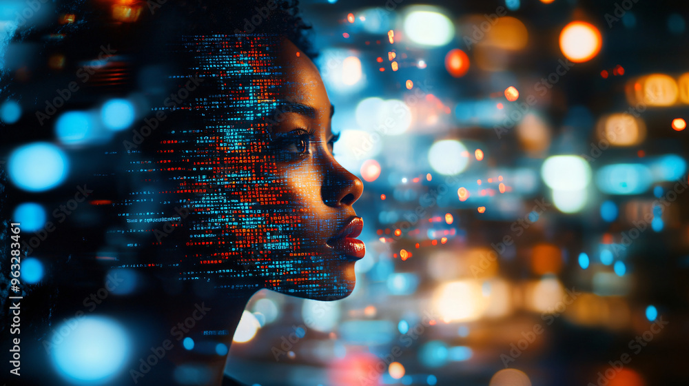 Leinwandbilder urban bokeh background frames a woman with program code overlaid on her face as she gazes into the d