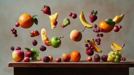 A Colorful Arrangement of Fruit in Mid-Air Above a Wooden Table
