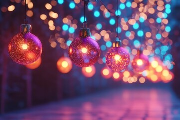 Fototapeta premium Colorful decorative lights create a festive atmosphere in a dimly lit setting.