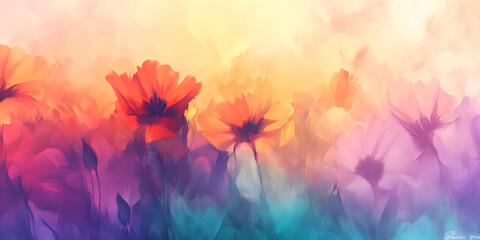 abstract digital painting vibrant floral flowers orange purple pink blues petals dreamy watercolor lively energetic blossom nature environment artistic drawing painting background paint spring color