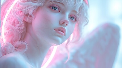 Naklejka premium Angelic Protector with a Halo of Divine Light, Spreading Her Glorious Wings in Eternal Silence 神聖な光の光輪を持ちその栄光の翼を永遠の静寂の中で広げる天使の守護者.Generative AI
