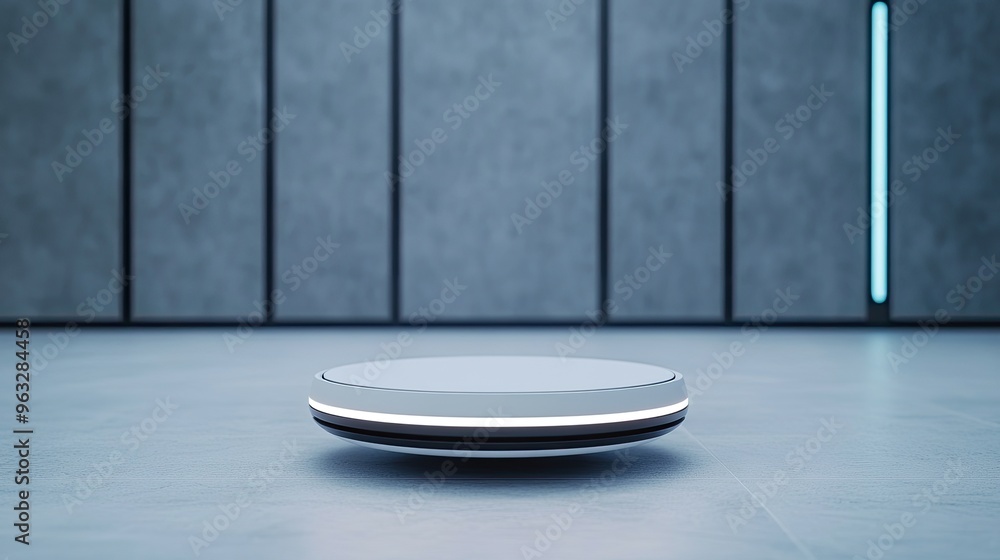 Poster a modern display platform in a futuristic space, featuring sleek design and illuminated elements in 