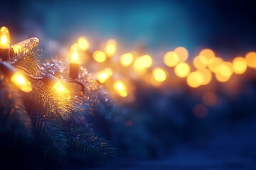 Softly glowing string lights entwined in greenery create a cozy atmosphere.