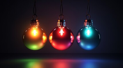 Three colorful Christmas ornaments glowing in a dark setting.