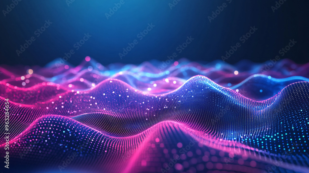 Poster moving abstract blue and pink particles creating a futuristic surface background