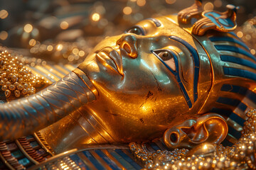 Close up of an ancient Egyptian golden mask. Ancinet, ornate death mask.