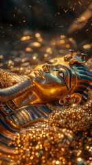 Close up of an ancient Egyptian golden mask. Ancinet, ornate death mask.