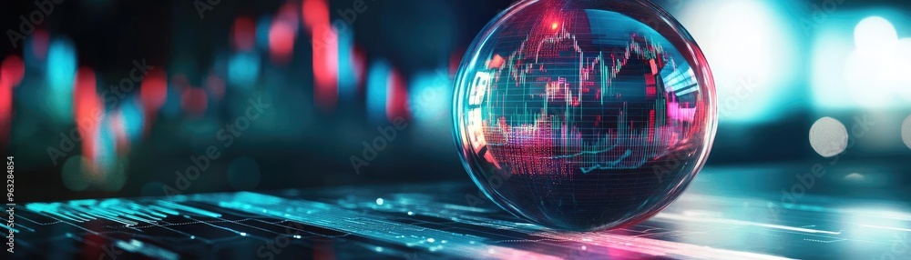 Poster a close-up of a reflective bubble displaying stock market graphs with vibrant colors, symbolizing fi