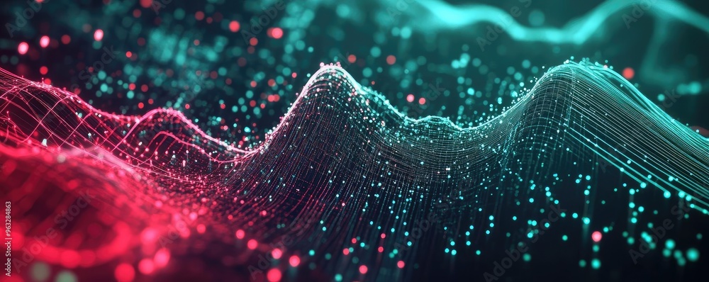 Poster abstract representation of waves with vibrant colors, illustrating digital data flow and motion in a