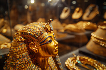 An ancient Egyptian sculpture or mask face in a museum exhibition. Face of Pharaoh Tutankhamun in a glass display with many other valuable and precious golden objects.