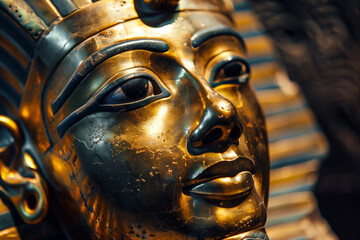 Close up of an ancient Egyptian golden mask with scratches.