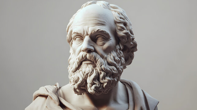 Hyperrealistic digital sculpture of socrates combining classical greek aesthetics with modern 3d rendering techniques capturing wisdom in every wrinkle. Hyperrealistic. Illustration