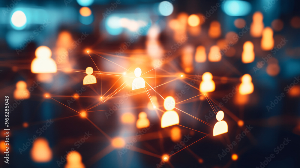 Poster abstract background with user icons connected by orange and blue lights forming a networked design