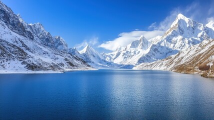 Pristine lake surrounded by snow-capped mountains, breathtaking and untouched wilderness