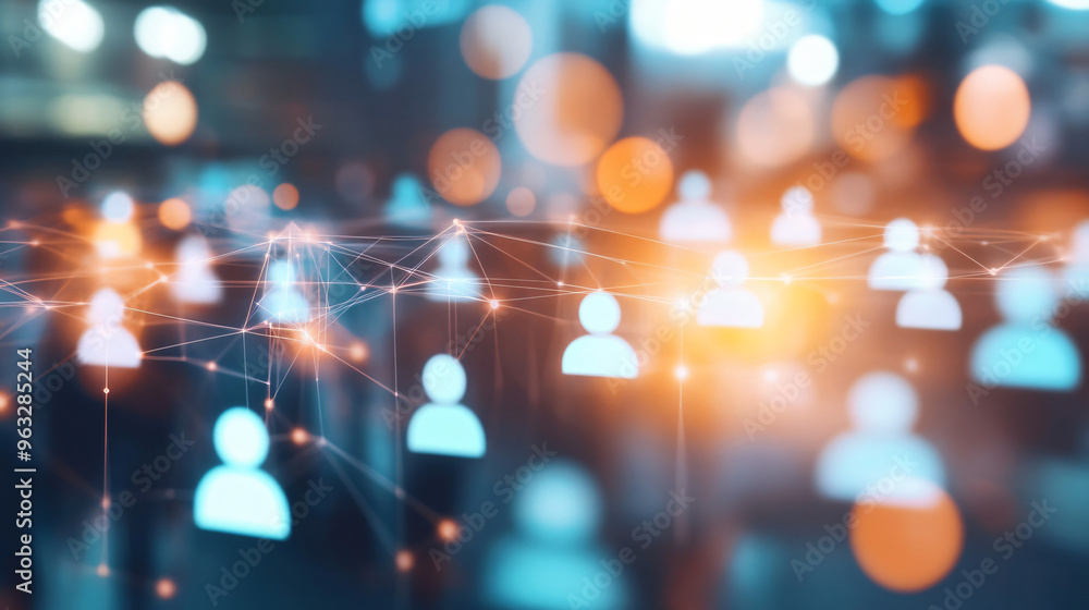 Aufkleber Abstract network connecting user icons with glowing lines and bokeh lights representing internet communication and social media