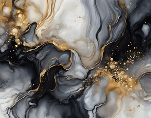 Luxury abstract fluid art painting in alcohol ink technique, mixture of gray, black gold paints background