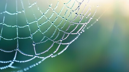 Crystal-clear raindrops on a spider web in morning light, intricate and detailed close-up