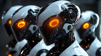 Fototapeta premium In a hyperrealistic style, a group of futuristic robots with brilliant eyes and orange lighting on the head. Hyperrealistic. Illustration