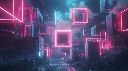 Obraz premium Abstract 3D shapes in glowing neon tones, floating over a dark digital landscape