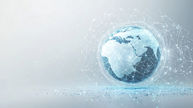 Planet earth with blue hues rotates amidst glowing network connections against a white backdrop