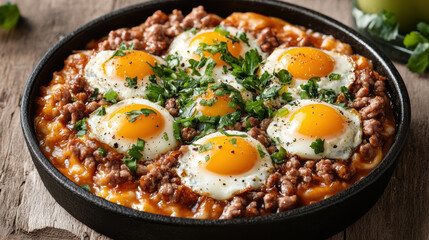 Delicious skillet dish featuring ground meat, eggs, and fresh herbs, perfect for breakfast or brunch. A hearty and flavorful meal.
