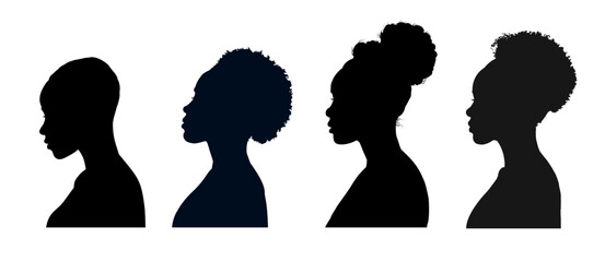 set of beautiful black woman silhouettes side view, african american girl contour - vector illustration