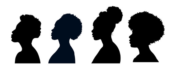 set of beautiful black woman silhouettes side view, african american girl contour - vector illustration