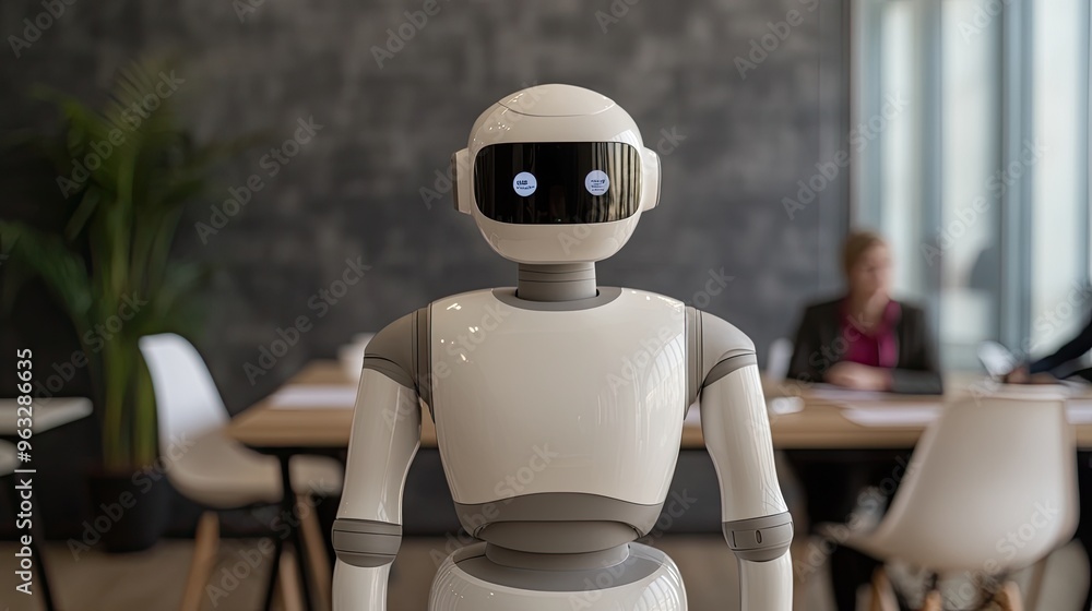 Poster a modern robot designed for office environments, showcasing advanced technology and interaction capa