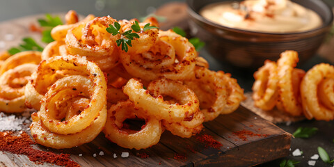 Authentic curly fries with golden crisp, sea salt, and creamy cheese sauce