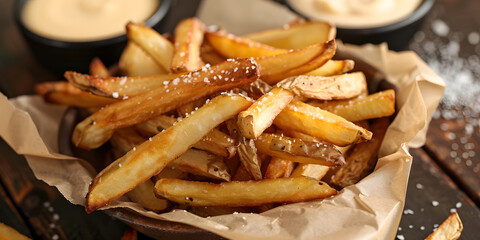 Savory French fries in a rustic basket with parchment and tangy aioli in traditional style
